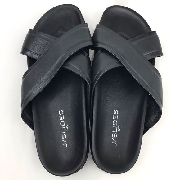 J/Slides OLIVIA Black Leather Crisscross White Stripe Slide Sandals - Picture 3 of 12